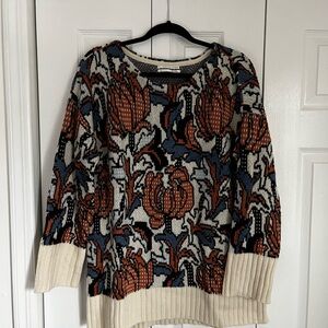 Anthropologie Floral Knit Sweater - Cream, Blue, Orange